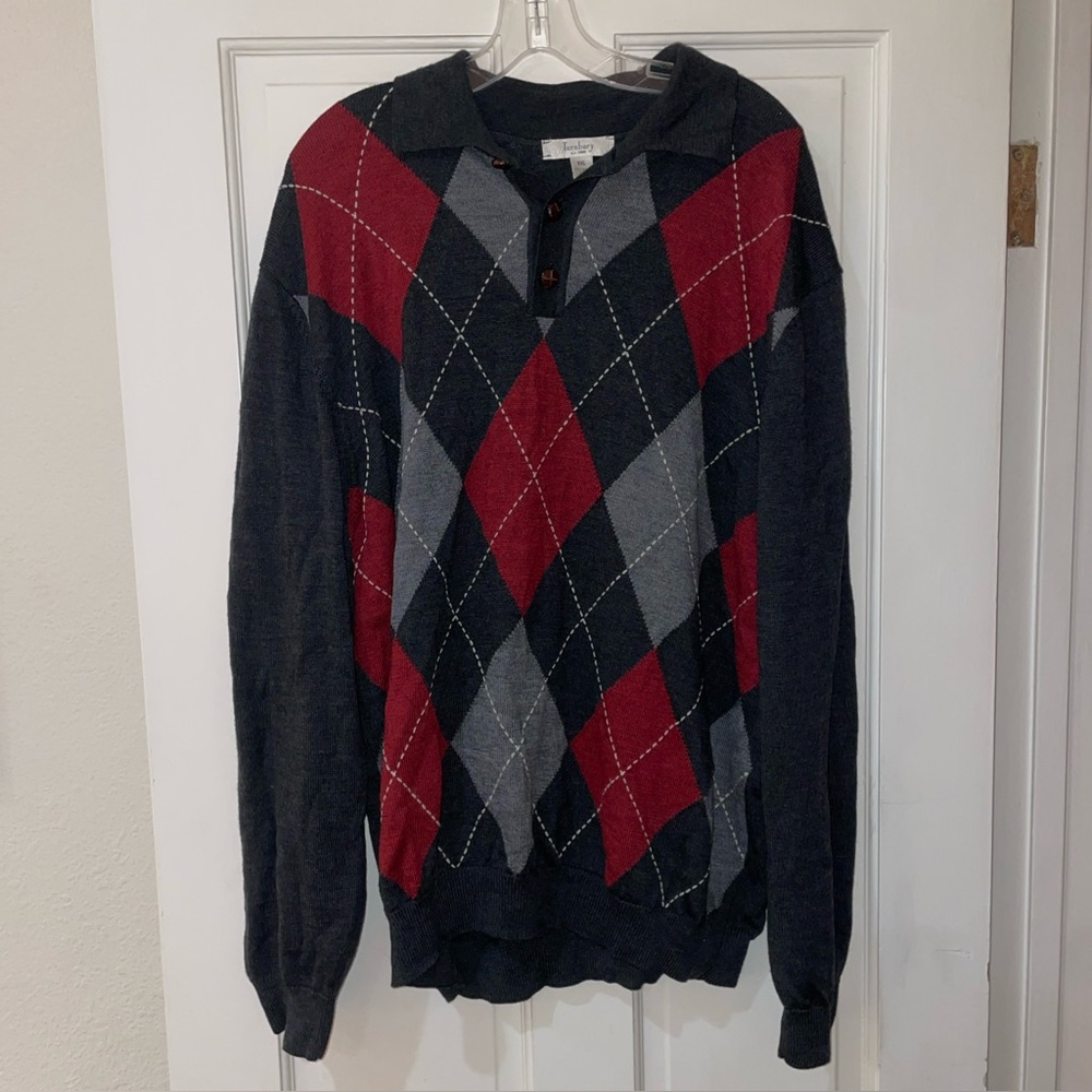 Turnbury XL Argyle Knit Polo Sweater Red Gray Black Merino Wool